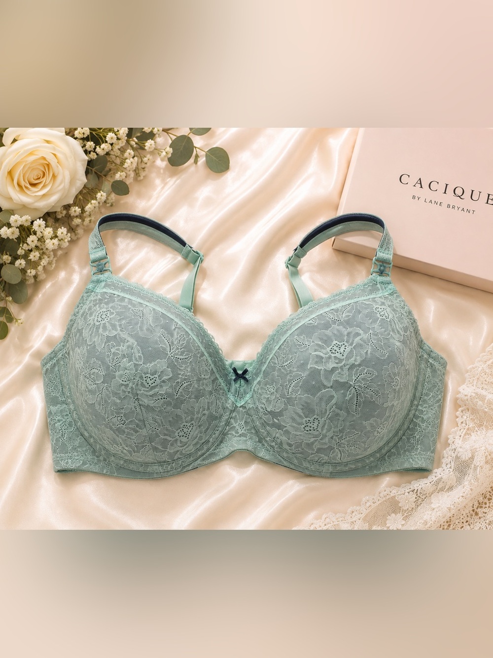 Cacique Lane Bryant 44H Mint Green Floral Lace Underwire Bra